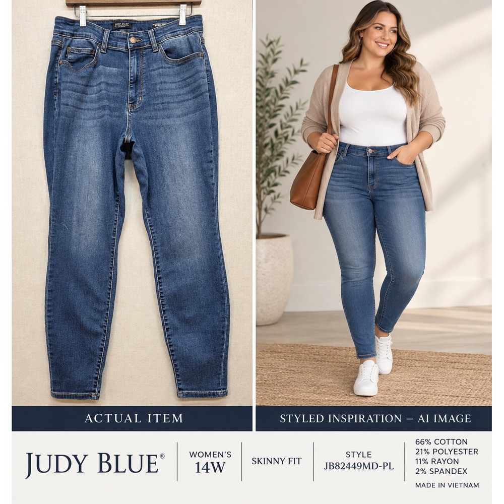 Judy Blue Skinny Jeans Medium Darkk Wash Whiskered Stretch Denim Sz 14W